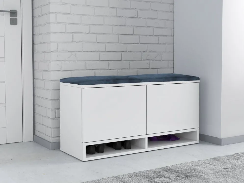 Pojemna szafka na buty z siedziskiem DUBAI biała/granatowa I sklep meblowy MIRAT. styl LOFT, SKANDYNAWSKI