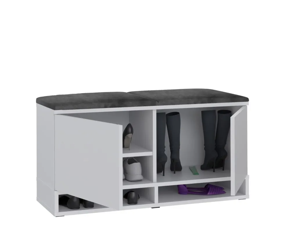 Szafka na buty z siedziskiem welurowym i wieszakiem DUBAI biała/szara I sklep meblowy MIRAT. styl LOFT, SKANDYNAWSKI