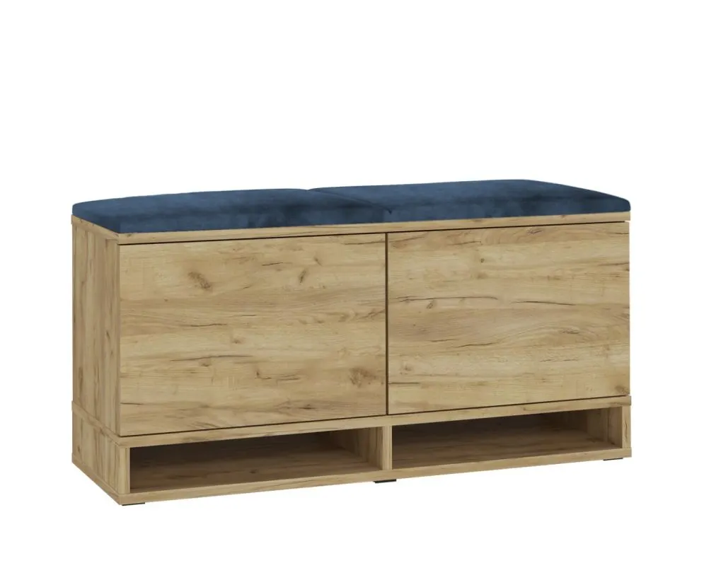 Szafka na buty z siedziskiem i wieszakiem DUBAI dąb craft/granatowa I sklep meblowy MIRAT. styl LOFT, SKANDYNAWSKI