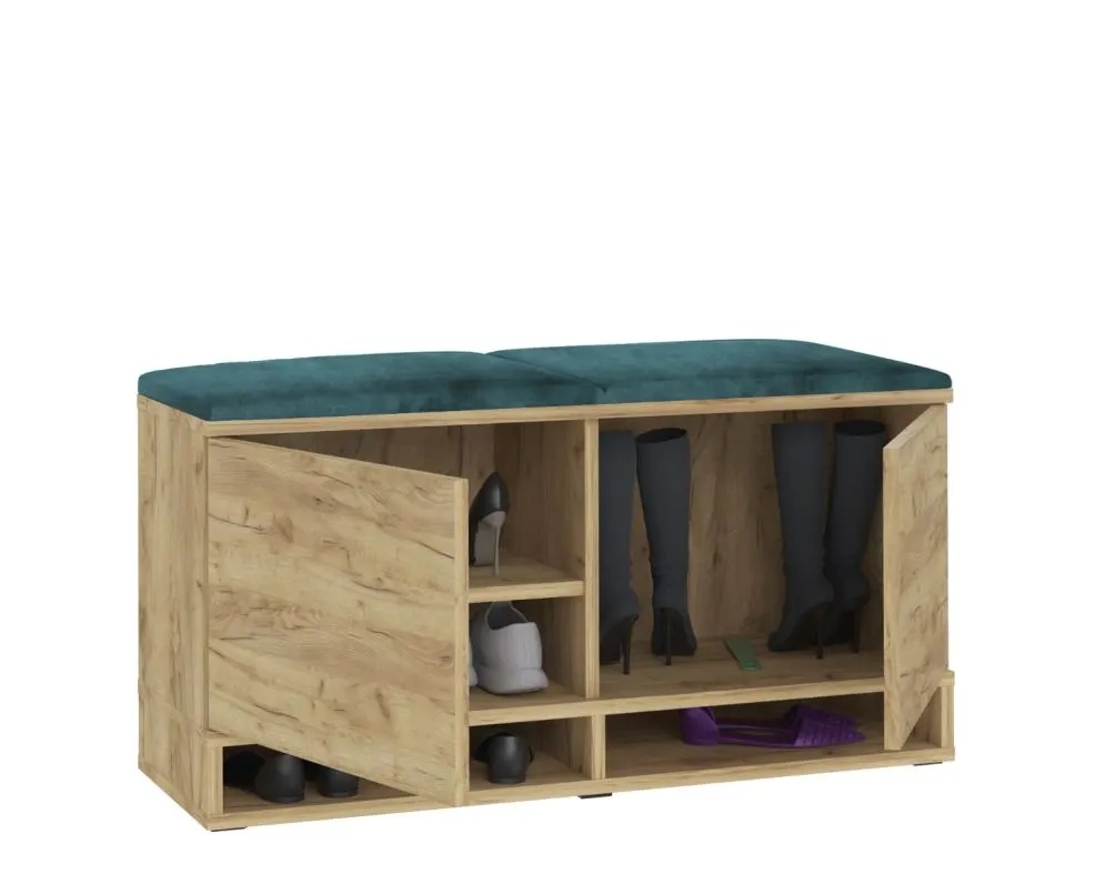 Dwudrzwiowa szafka na buty z welurowym siedziskiem i wieszakiem DUBAI dąb craft/zielona I sklep meblowy MIRAT. styl LOFT, SKANDYNAWSKI