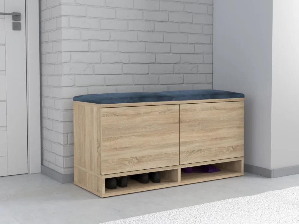 Szafka na buty z siedziskiem DUBAI dąb sonoma/granatowa I sklep meblowy MIRAT. styl LOFT, SKANDYNAWSKI