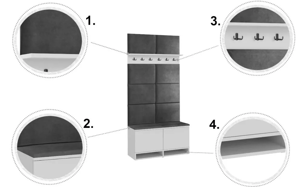 Szafka na buty z siedziskiem welurowym i wieszakiem DUBAI biała/szara I sklep meblowy MIRAT. styl LOFT, SKANDYNAWSKI