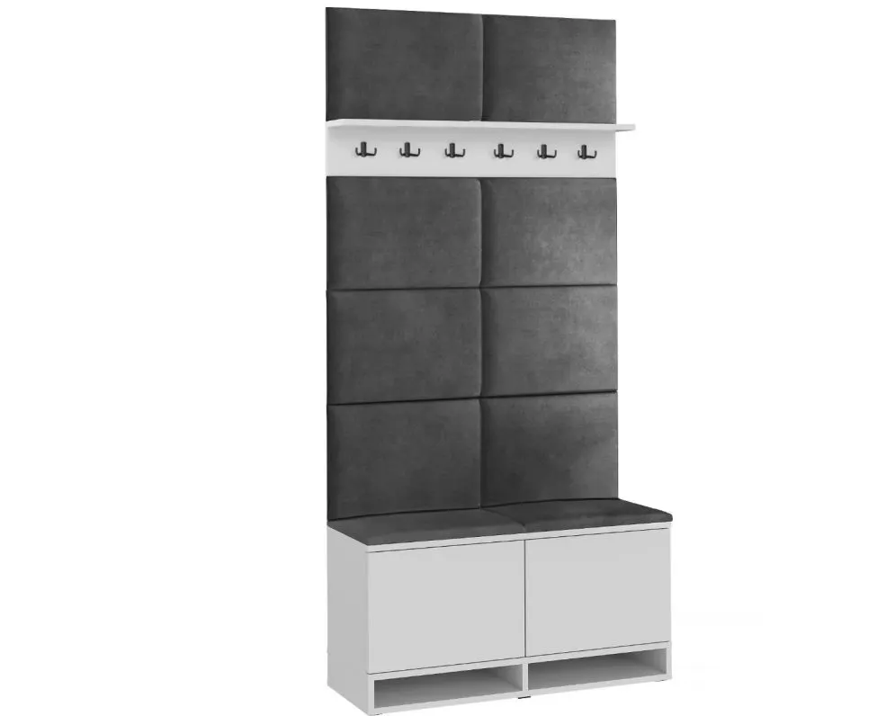 Szafka na buty z siedziskiem welurowym i wieszakiem DUBAI biała/szara I sklep meblowy MIRAT. styl LOFT, SKANDYNAWSKI
