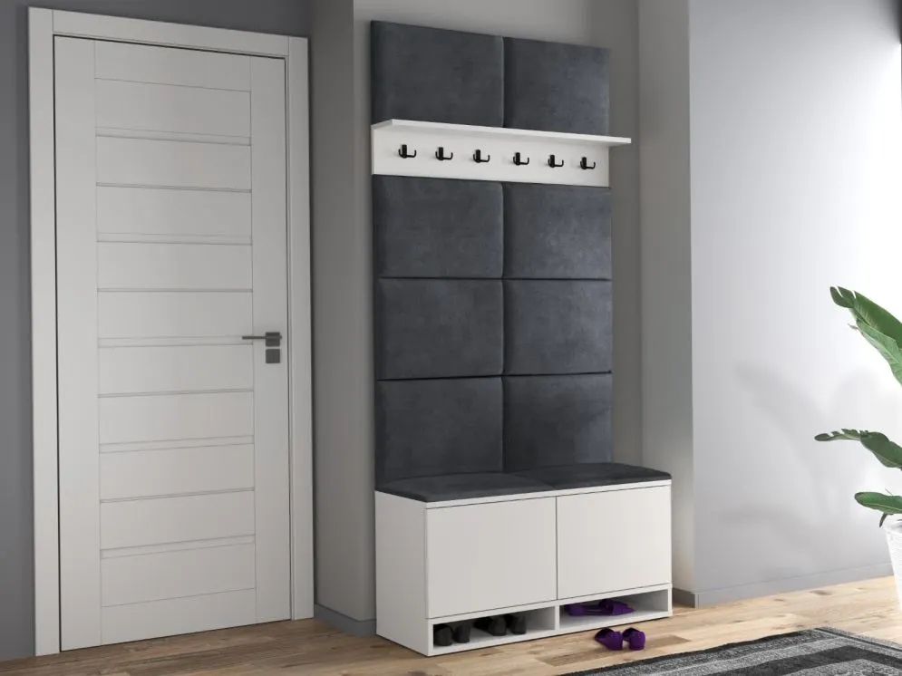 Szafka na buty z siedziskiem welurowym i wieszakiem DUBAI biała/szara I sklep meblowy MIRAT. styl LOFT, SKANDYNAWSKI