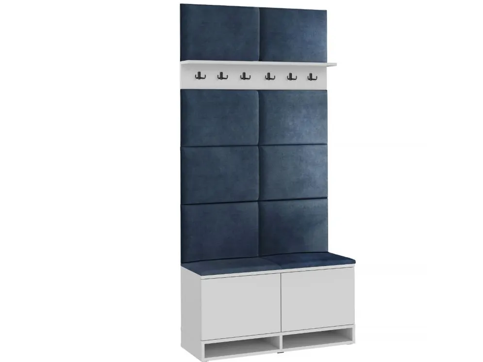 Szafka na buty z siedziskiem tapicerowanym i wieszakiem DUBAI biała/granatowa I sklep meblowy MIRAT. styl LOFT, SKANDYNAWSKI