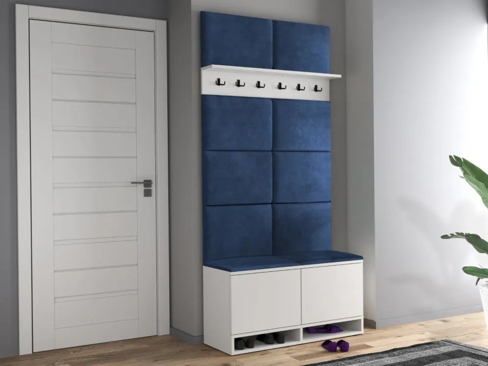 Szafka na buty z siedziskiem tapicerowanym i wieszakiem DUBAI biała/granatowa I sklep meblowy MIRAT. styl LOFT, SKANDYNAWSKI