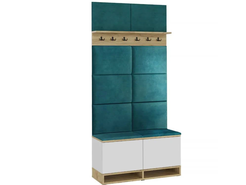 Pojemna szafka na buty z siedziskiem i wieszakami DUBAI biała/dąb craft/zielona I sklep meblowy MIRAT. styl LOFT, SKANDYNAWSKI