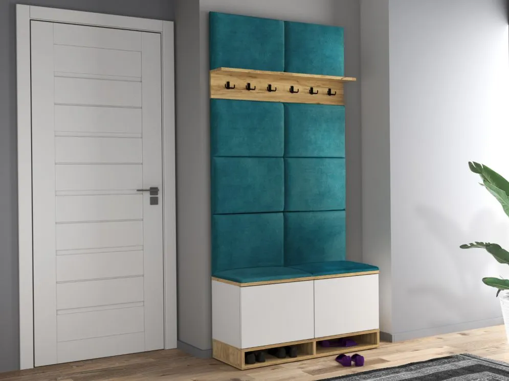 Pojemna szafka na buty z siedziskiem i wieszakami DUBAI biała/dąb craft/zielona I sklep meblowy MIRAT. styl LOFT, SKANDYNAWSKI