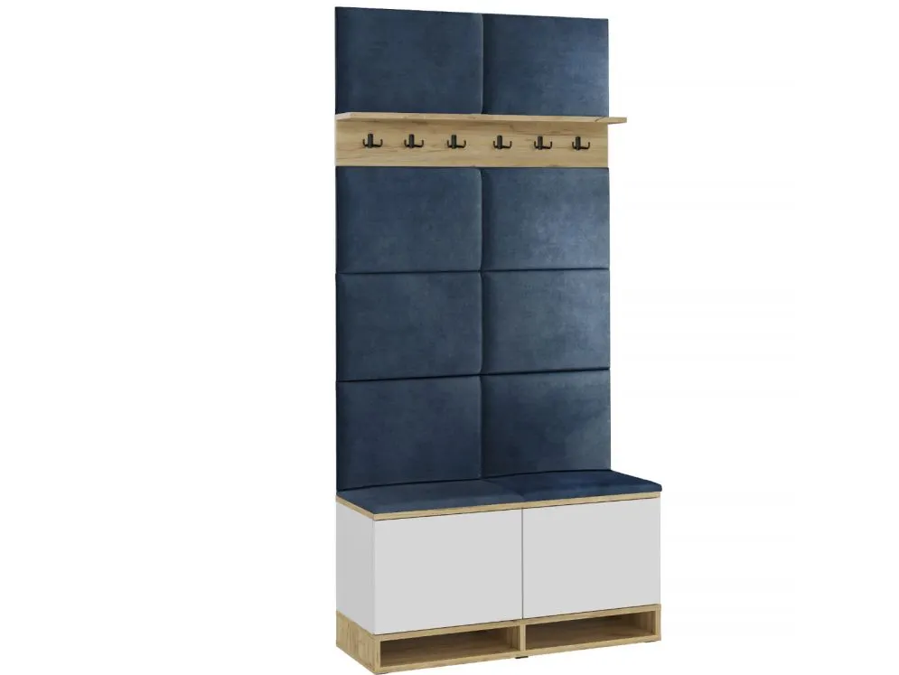 Pojemna szafka na buty z siedziskiem i wieszakiem DUBAI biała/dąb craft/granatowa I sklep meblowy MIRAT. styl LOFT, SKANDYNAWSKI
