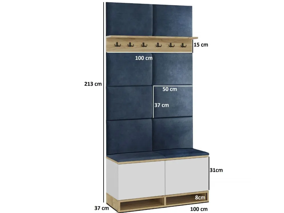 Pojemna szafka na buty z siedziskiem i wieszakiem DUBAI biała/dąb craft/granatowa I sklep meblowy MIRAT. styl LOFT, SKANDYNAWSKI
