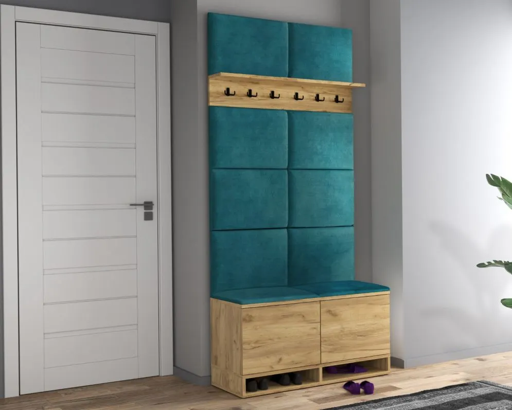 Dwudrzwiowa szafka na buty z welurowym siedziskiem i wieszakiem DUBAI dąb craft/zielona I sklep meblowy MIRAT. styl LOFT, SKANDYNAWSKI