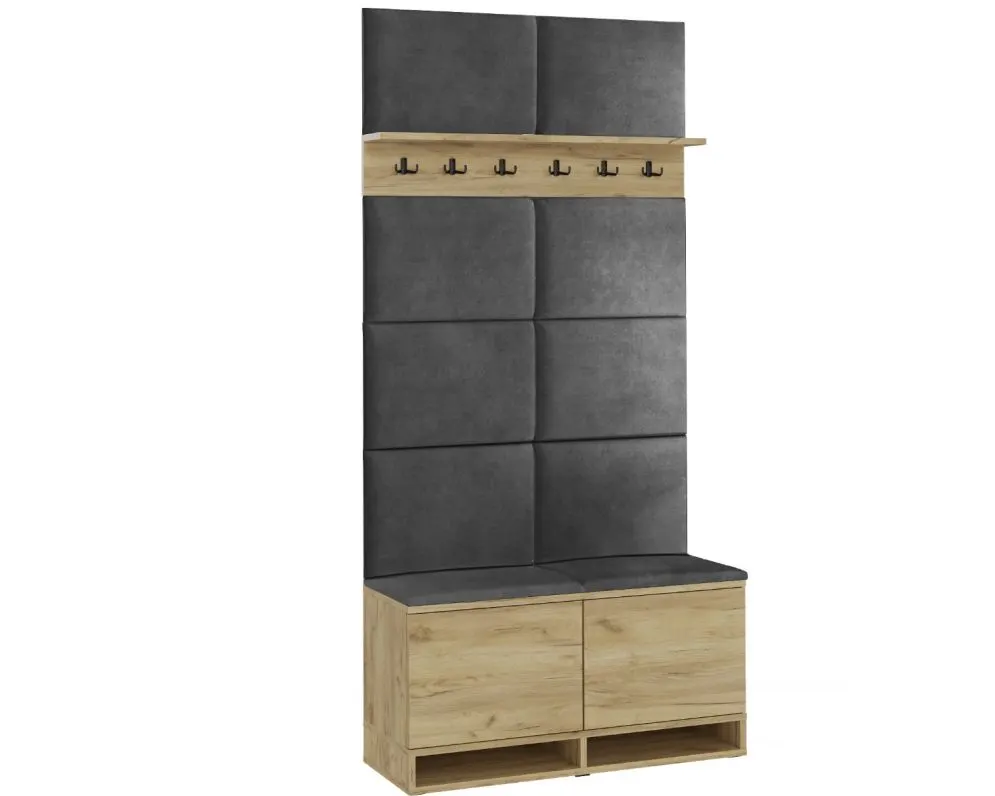 Szafka na buty z siedziskiem i wieszakiem DUBAI dąb craft/szara I sklep meblowy MIRAT. styl LOFT, SKANDYNAWSKI
