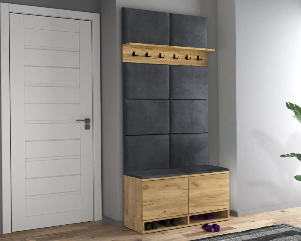 Szafka na buty z siedziskiem i wieszakiem DUBAI dąb craft/szara I sklep meblowy MIRAT. styl LOFT, SKANDYNAWSKI