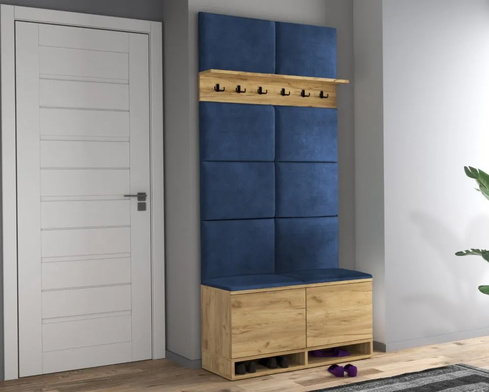 Szafka na buty z siedziskiem i wieszakiem DUBAI dąb craft/granatowa I sklep meblowy MIRAT. styl LOFT, SKANDYNAWSKI