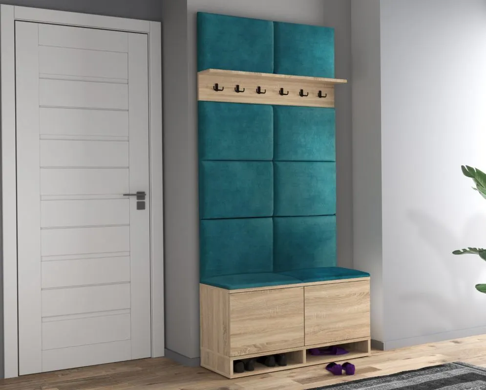 Szafka na buty z siedziskiem i wieszakiem DUBAI dąb sonoma/zielona I sklep meblowy MIRAT. styl LOFT, SKANDYNAWSKI