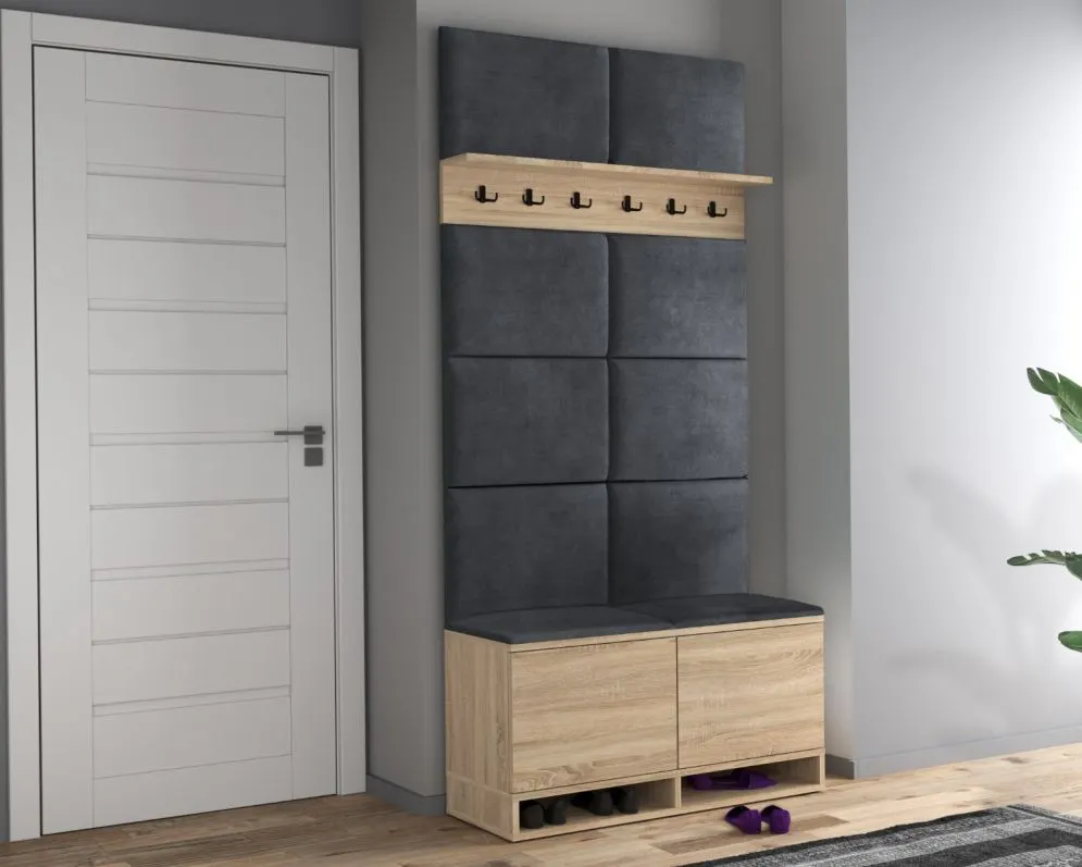Pojemna szafka na buty z siedziskiem i wieszakiem DUBAI dąb sonoma/szara I sklep meblowy MIRAT. styl LOFT, SKANDYNAWSKI
