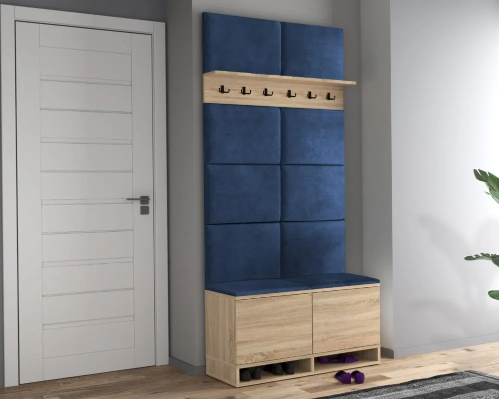 Szafka na buty z siedziskiem i wieszakiem DUBAI dąb sonoma/granatowa I sklep meblowy MIRAT. styl LOFT, SKANDYNAWSKI