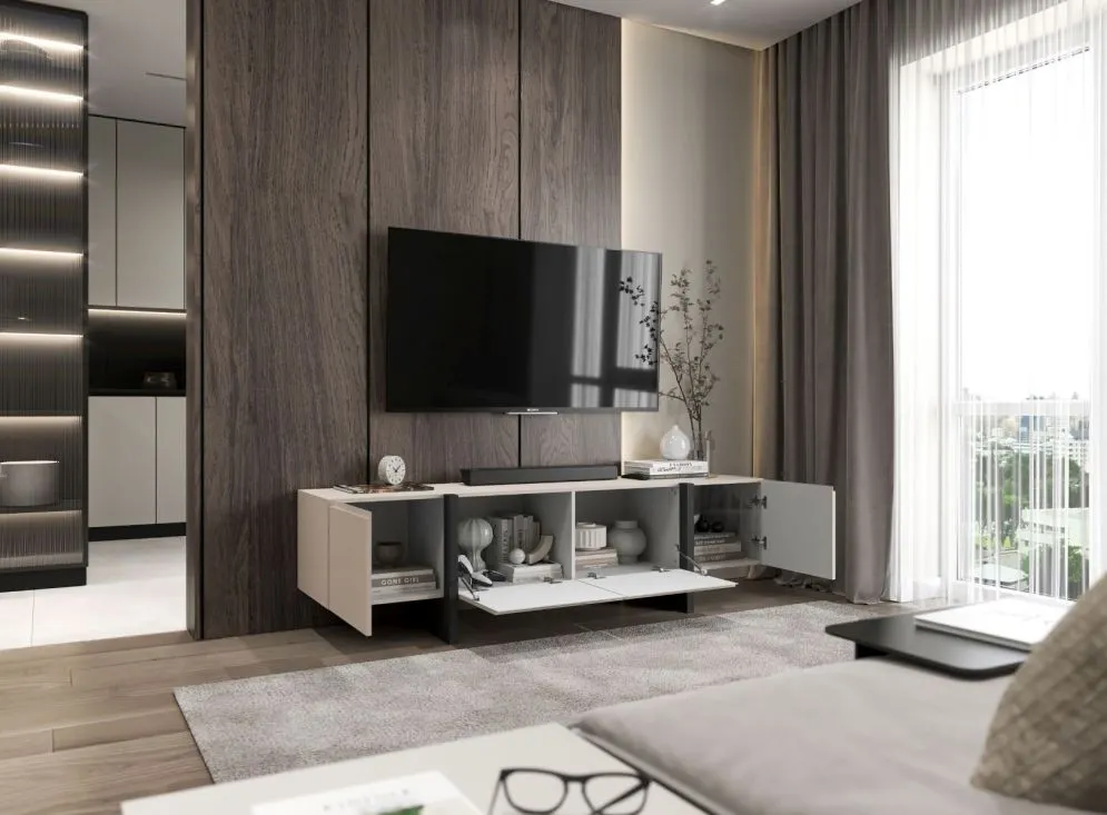 Szafka RTV GRANT 180cm kaszmir mat stojąca I sklep meblowy MIRAT. styl GLAMOUR, LOFT