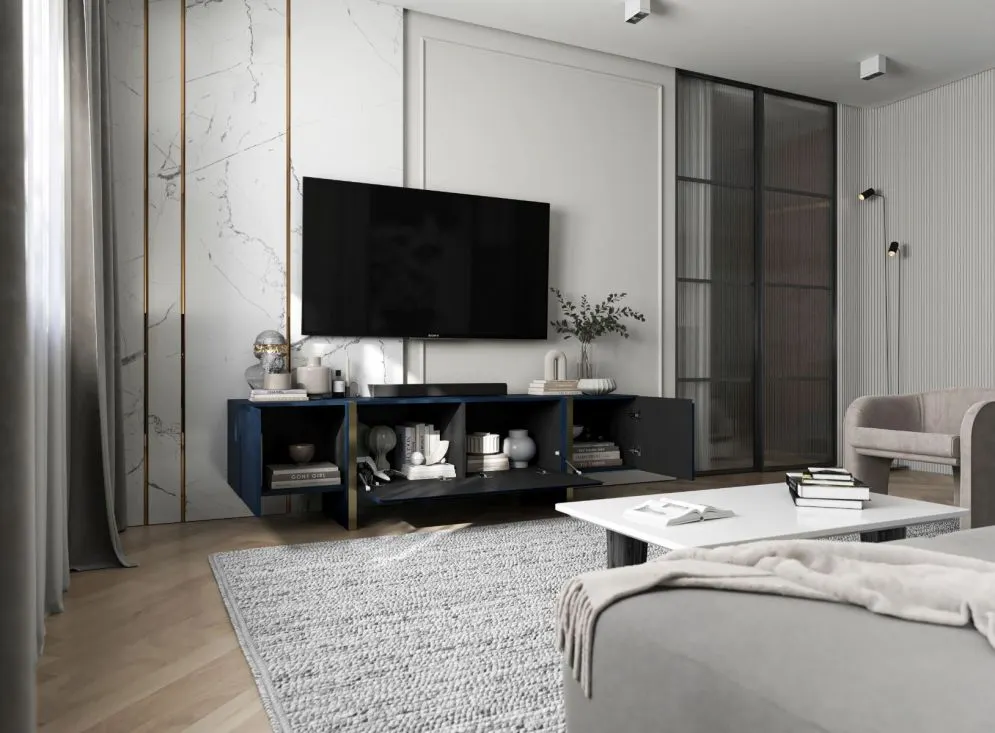 Szafka RTV GRANT 180cm granatowy mat glamour I sklep meblowy MIRAT. styl GLAMOUR