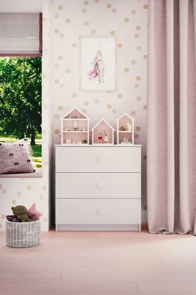 Komoda BABY DREAMS biała trzyszufladowa do pokoju dziecięcego | MIRAT. kolekcja BABY DREAMS