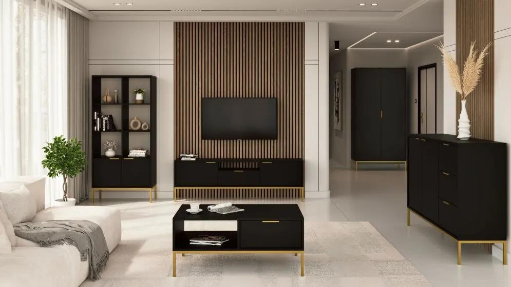 Stolik kawowy AUSTIN 80x60 czarny/złoty z półką w stylu glamour I sklep meblowy MIRAT. styl GLAMOUR