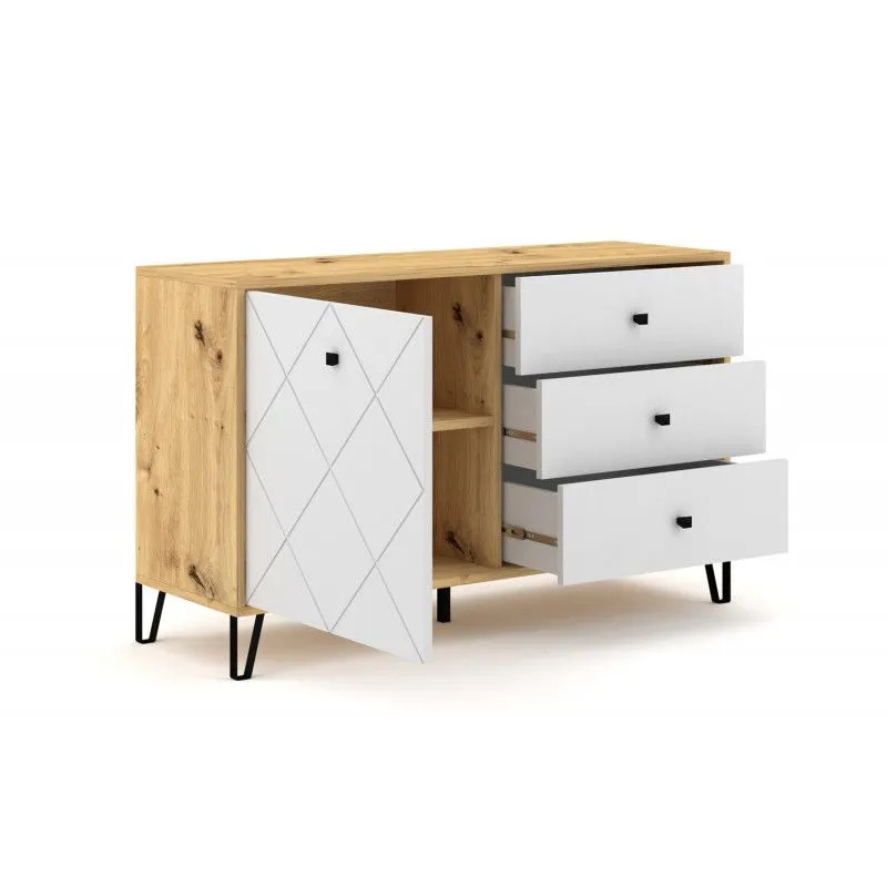 Komoda BILBAO 1D/3S dąb artisan/biały mat w stylu skandynawskim | sklep MIRAT styl RYFLOWANY, SKANDYNAWSKI kolekcja BILBAO