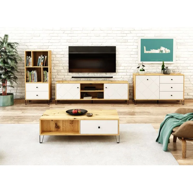 Komoda BILBAO 1D/3S dąb artisan/biały mat w stylu skandynawskim | sklep MIRAT styl RYFLOWANY, SKANDYNAWSKI kolekcja BILBAO