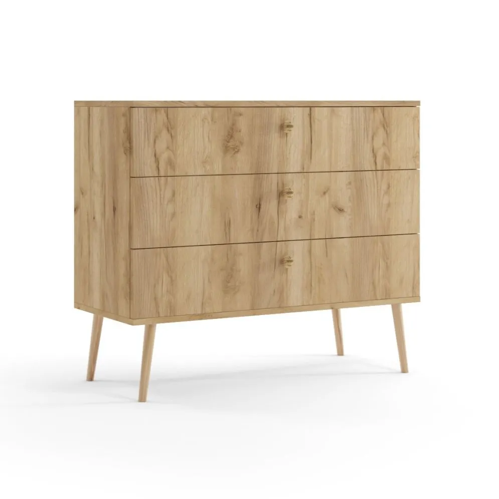 Komoda LEBEL 2 z szufladami 100cm dąb craft złoty z trzema szufladami | MIRAT. styl SKANDYNAWSKI kolekcja LEBEL