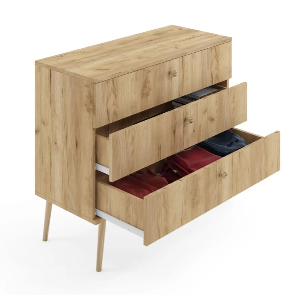 Komoda LEBEL 2 z szufladami 100cm dąb craft złoty z trzema szufladami | MIRAT. styl SKANDYNAWSKI kolekcja LEBEL