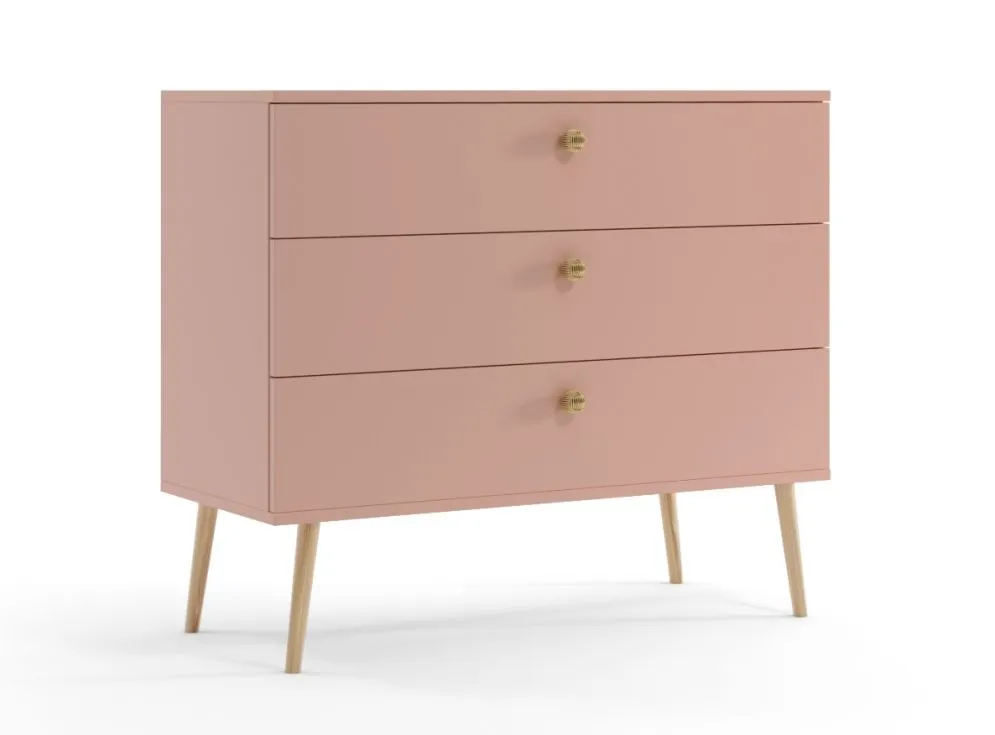 Komoda LEBEL 2 różowa z trzema szufladami | MIRAT. styl SKANDYNAWSKI kolekcja LEBEL