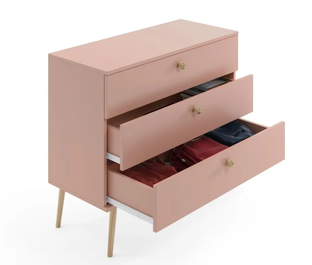 Komoda LEBEL 2 różowa z trzema szufladami | MIRAT. styl SKANDYNAWSKI kolekcja LEBEL