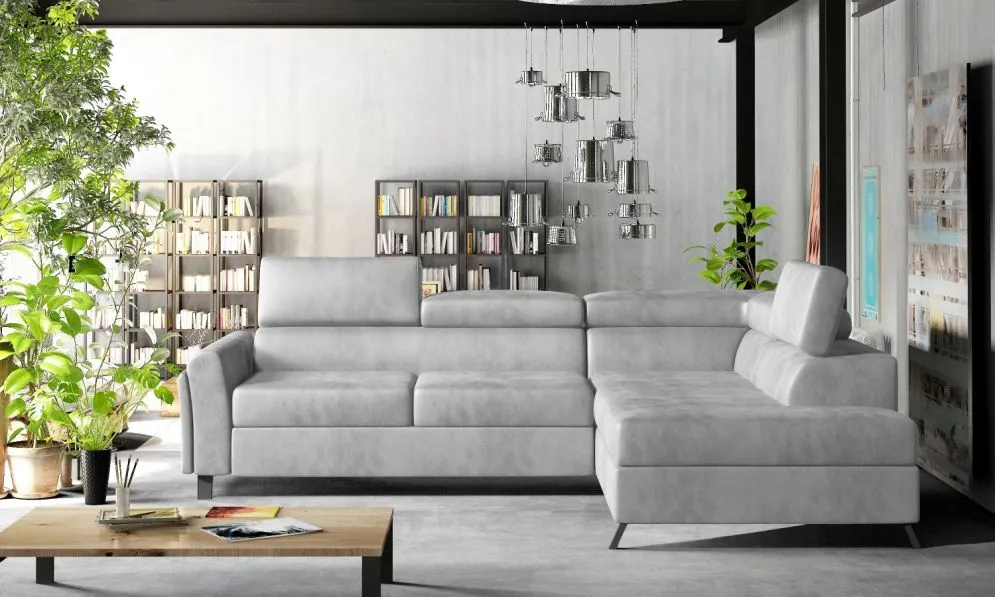 Narożnik z funkcją spania KAIROS VELVET szary prawy do salonu I sklep meblowy MIRAT. styl GLAMOUR