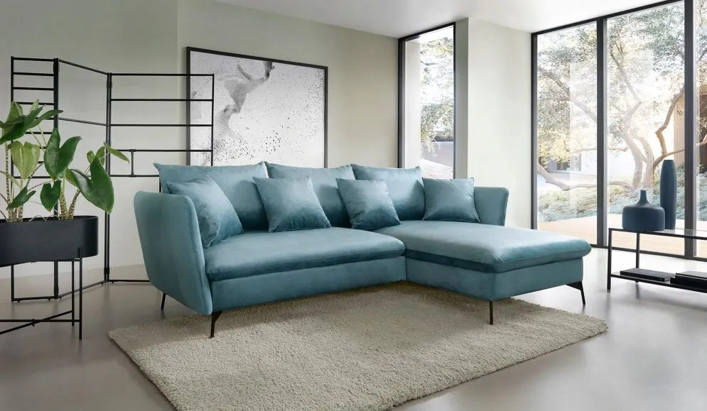 Narożnik z funkcją spania LINDA VELVET niebieski prawy mały I sklep meblowy MIRAT.