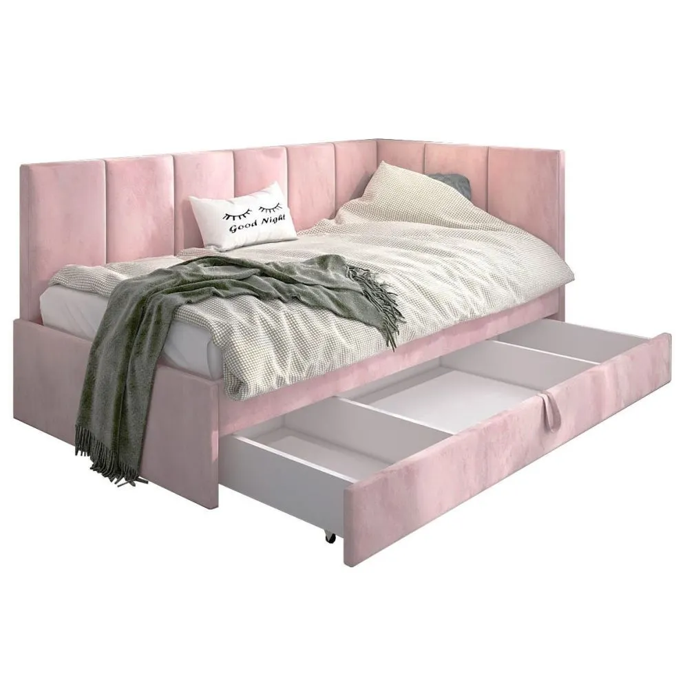 Łóżko młodzieżowe AURA 2 120x200 różowe z tapicerowanym panelem L i szufladą I sklep meblowy MIRAT.