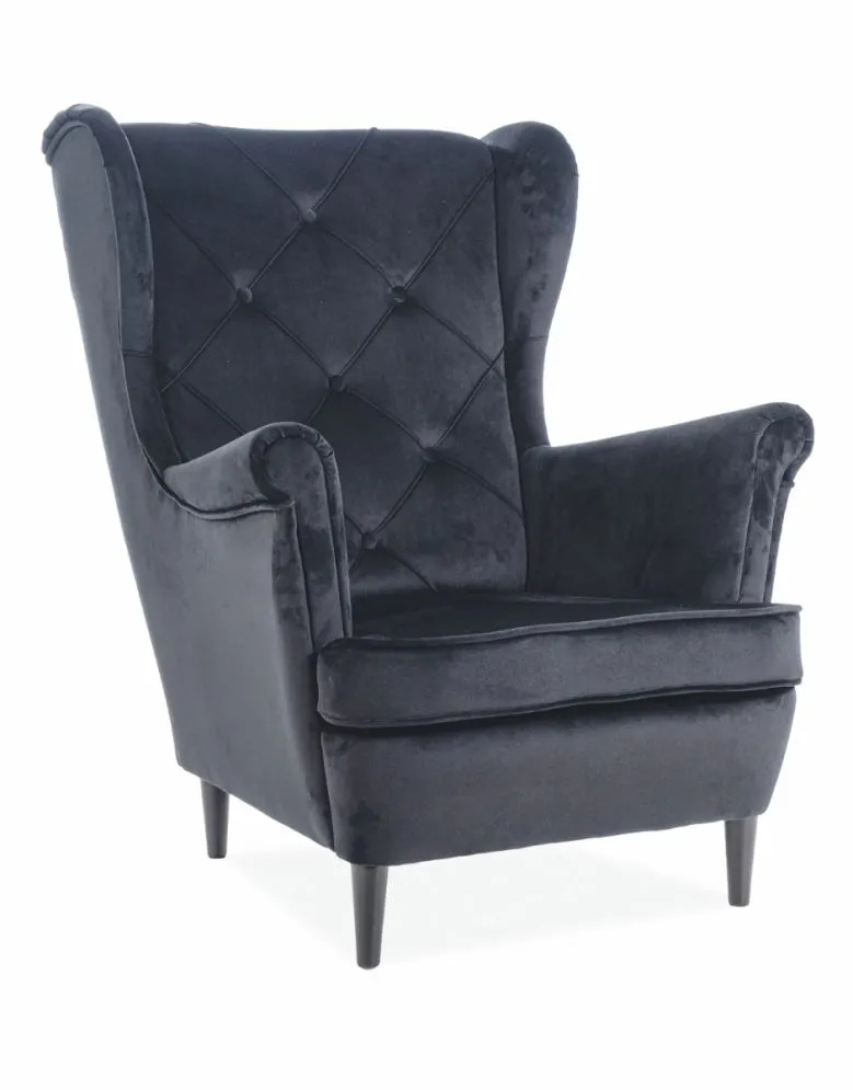 Tapicerowany czarny fotel welurowy na drewnianych nóżkach LADY VELVET