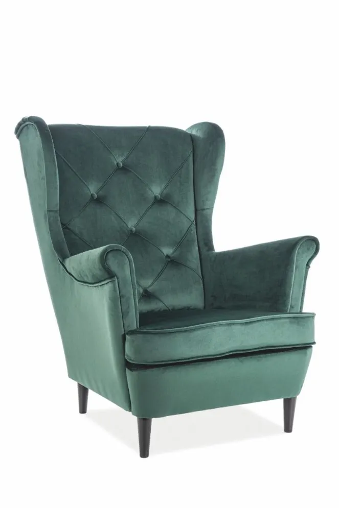 Aksamitny zielony fotel pikowany na drewnianych nóżkach Lady Velvet