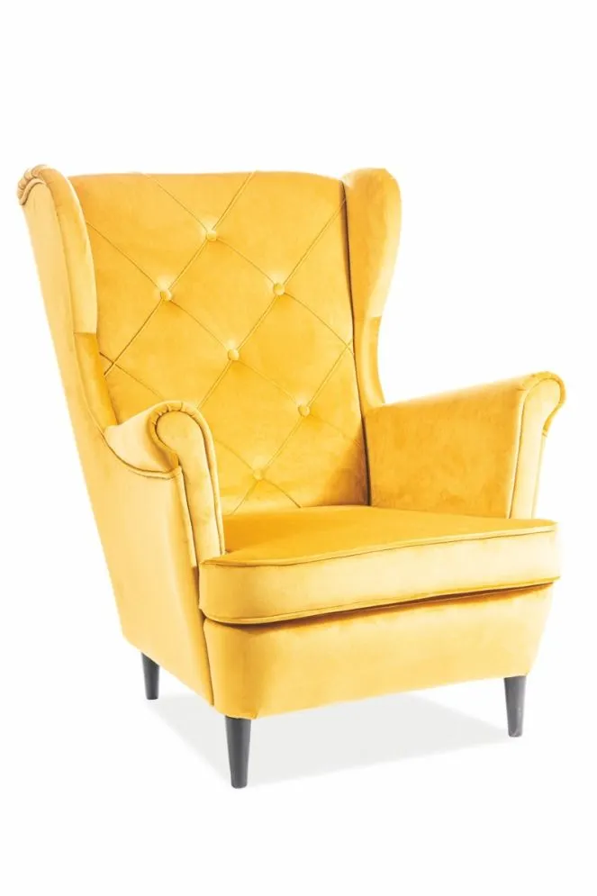 Curry zółty fotel tapicerowany aksamitem pikowany Lady Velvet
