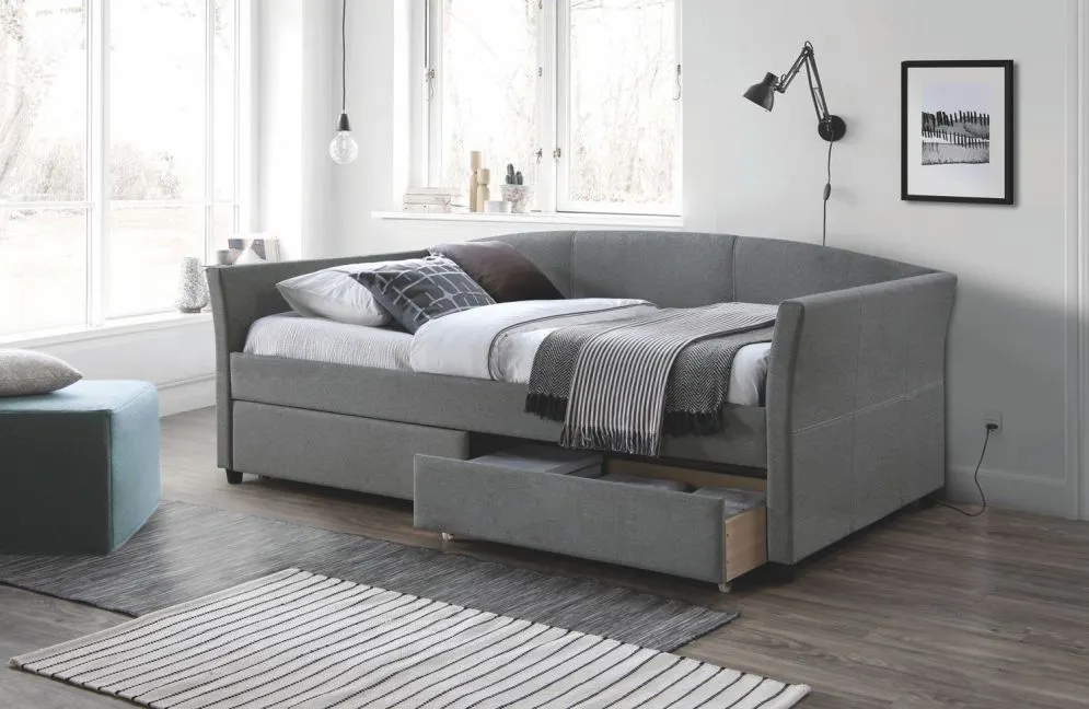 Szare rozkładane łóżko sofa z szufladami Lanta
