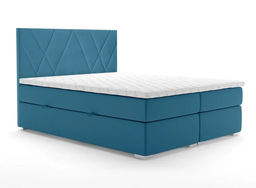 Łóżko kontynentalne MELROSE 180 ciemno niebieskie velvet z pojemnikiem i materacem | MIRAT. styl GLAMOUR