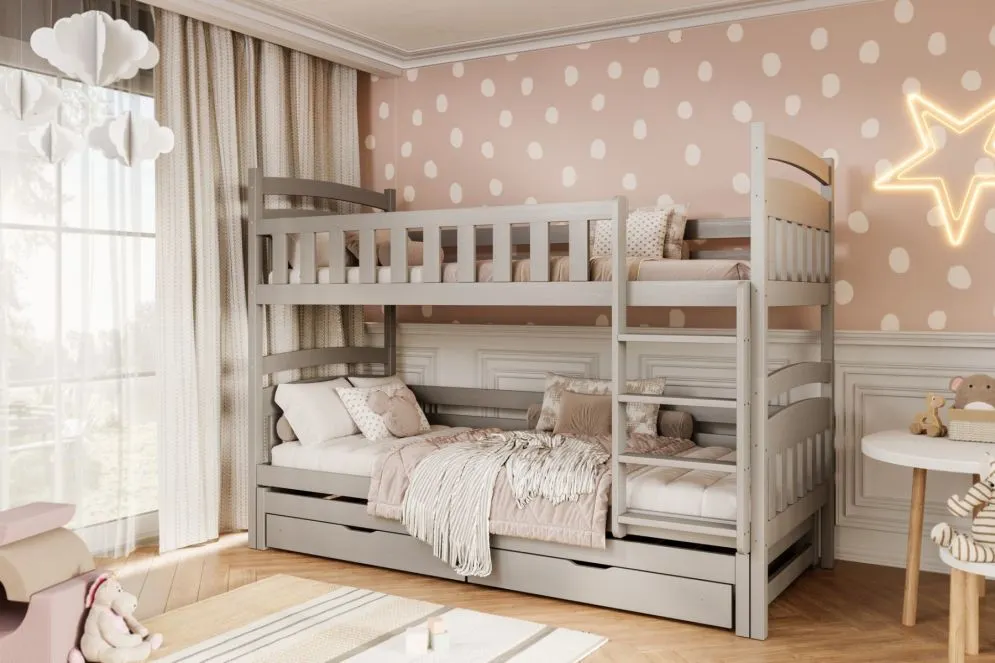 Łóżko piętrowe dla dzieci JULITA 160x80 szare drewniane trzyosobowe I sklep meblowy MIRAT.  kolekcja JULITA