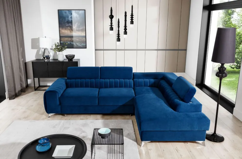 Narożnik z funkcją spania LAURENCE VELVET granatowy lewy z regulowanymi zagłówkami | MIRAT. w stylu GLAMOUR kolekcja