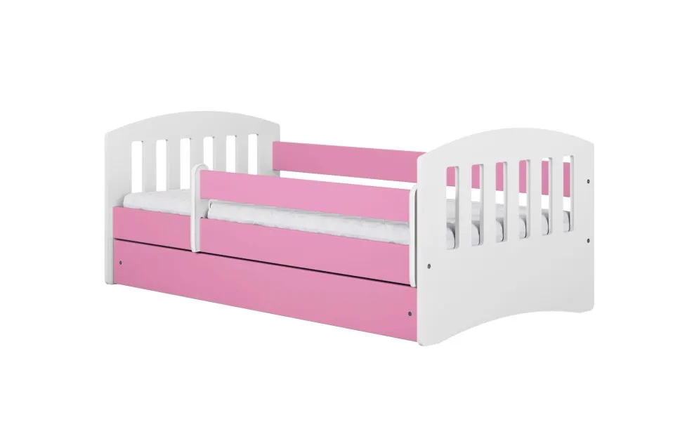 Łóżko dziecięce CLASSIC 1 180x80 różowe z materacem i barierką | MIRAT. kolekcja CLASSIC