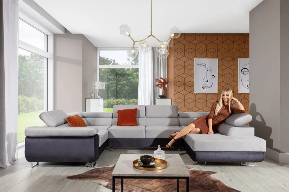 Narożnik z funkcją spania LETTO czarny/biały prawy z regulowanymi zagłówkami | MIRAT. w stylu  kolekcja