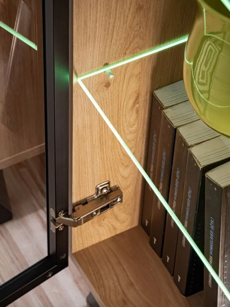 Meblościanka LIAM LED hickory jackson z biokominkiem i szklanymi półkami I sklep meblowy MIRAT. styl LOFT