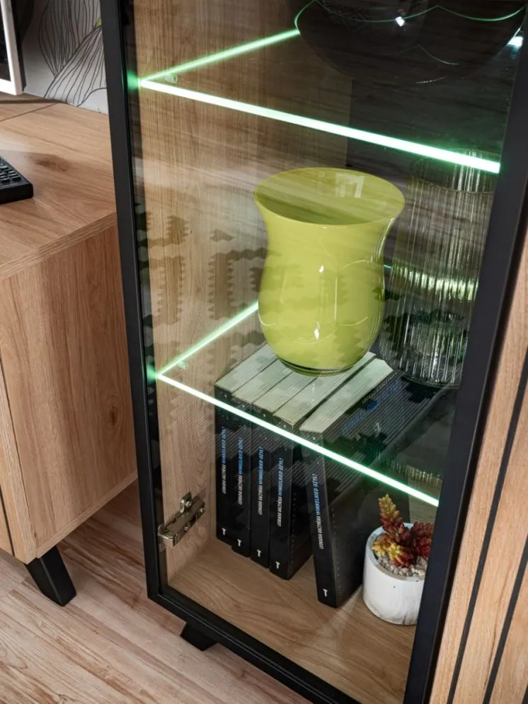 Meblościanka LIAM LED hickory jackson z biokominkiem i szklanymi półkami I sklep meblowy MIRAT. styl LOFT