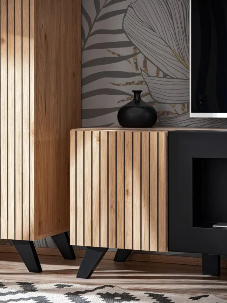 Meblościanka LIAM LED hickory jackson z biokominkiem i szklanymi półkami I sklep meblowy MIRAT. styl LOFT