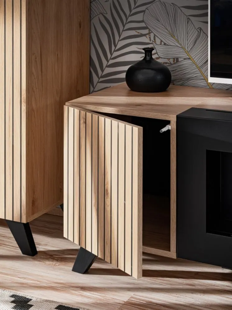 Meblościanka LIAM LED hickory jackson z biokominkiem i szklanymi półkami I sklep meblowy MIRAT. styl LOFT