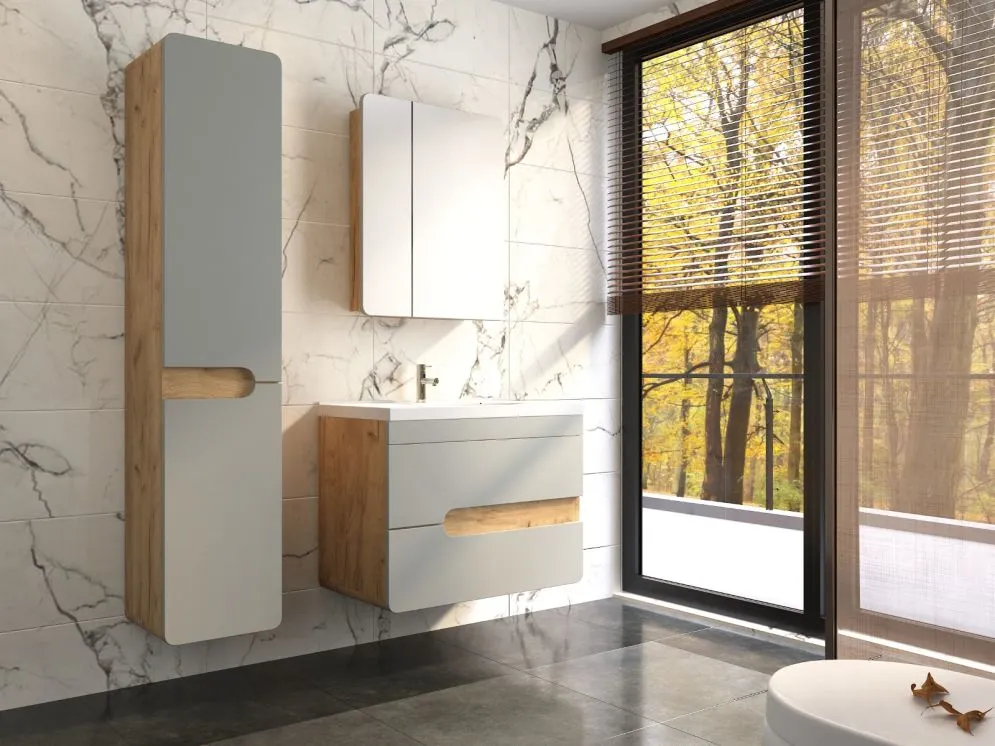 Szafka łazienkowa LOFT 35 wysoka z koszem szary mat/dąb - powystawowy I sklep meblowy MIRAT. styl LOFT