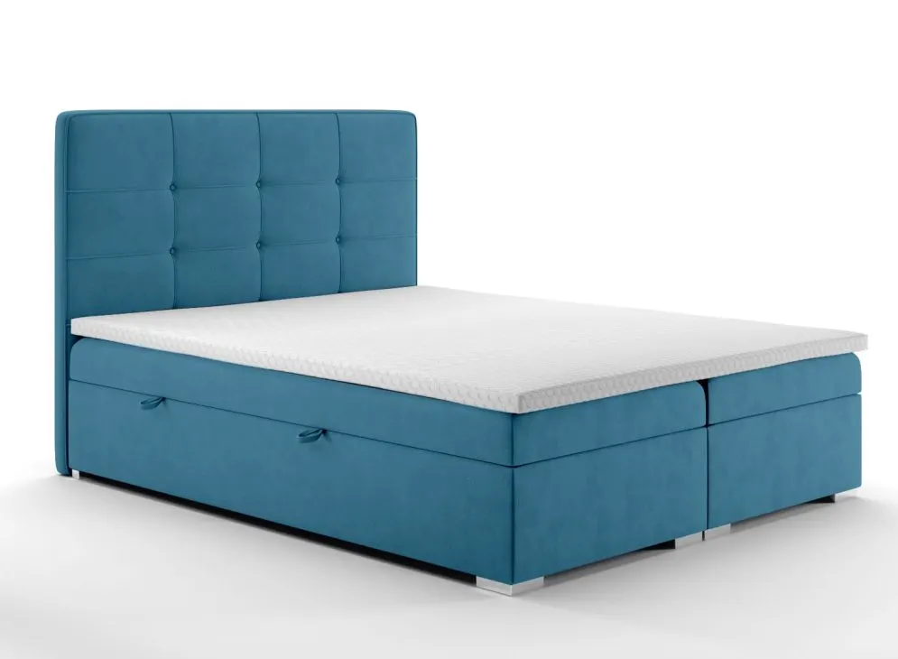 Łóżko kontynentalne TUTO 160 ciemno niebieskie velvet z pojemnikiem i materacem | MIRAT. styl GLAMOUR