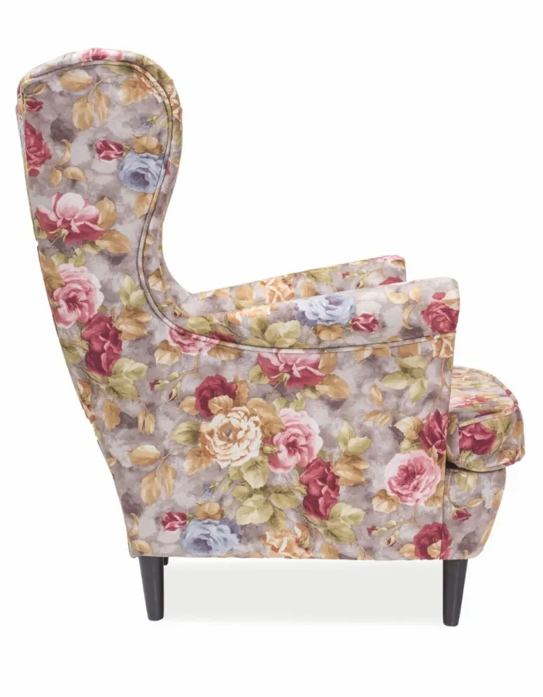 Szary kwiecisty fotel tradycyjny na drewnianych nogach Lord